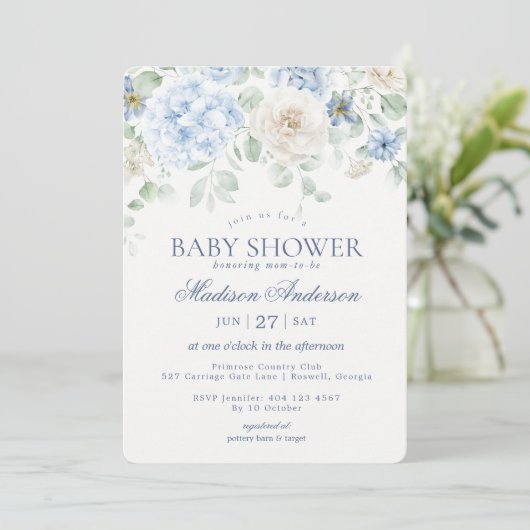 Blue Floral Baby in Bloom Hydrangea Baby shower Kaart (Staand voorkant)