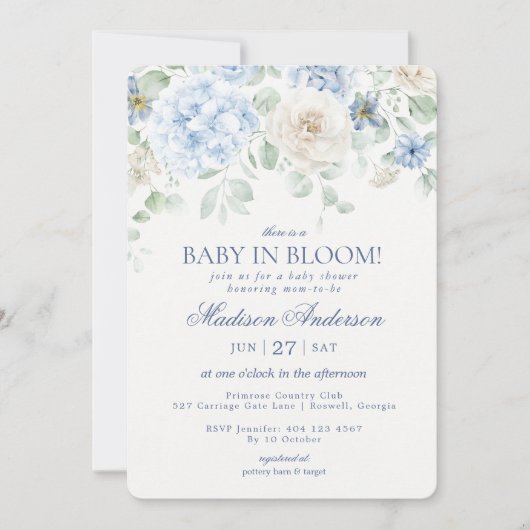 Blue Floral Baby in Bloom Hydrangea Baby shower Kaart (Voorkant)