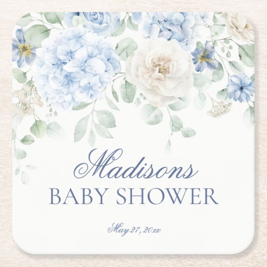 Blue Floral Baby in Bloom Hydrangea Baby shower Kartonnen Onderzetters (Voorkant)