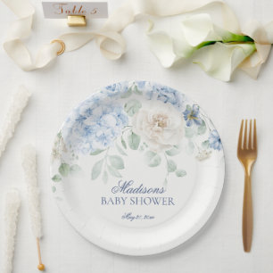 Blue Floral Baby in Bloom Hydrangea Baby shower Papieren Bordje