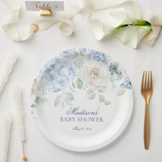 Blue Floral Baby in Bloom Hydrangea Baby shower Papieren Bordje (Huwelijk)