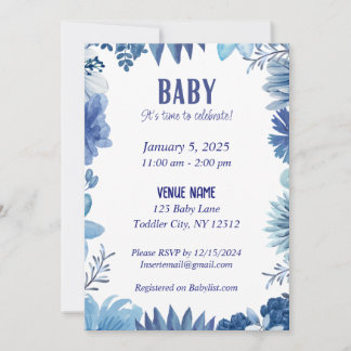 Blue Floral Baby Invitation - Tijd om te vieren Kaart