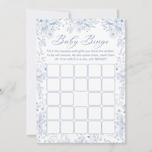 Blue Floral Baby shower Bingo Game Kaart (Voorkant)