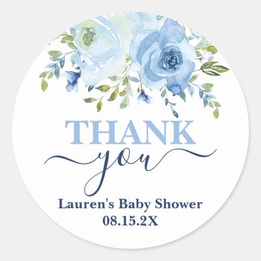 Blue Floral Baby shower Boy Classic Ronde Sticker (Voorkant)