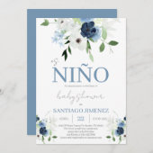 Blue Floral Baby shower Boy Kaart (Voorkant / Achterkant)