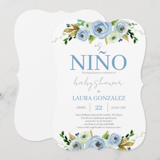 Blue Floral Baby shower Boy Kaart (Voorkant / Achterkant)