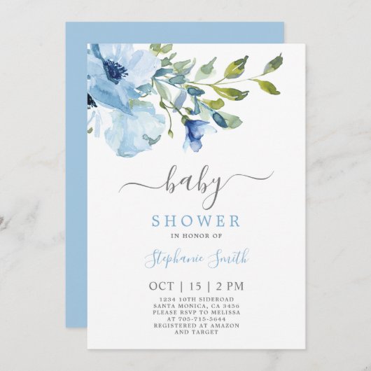 Blue Floral Baby shower Boy Uitnodiging (Voorkant / Achterkant)
