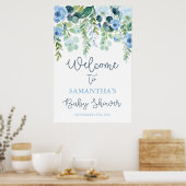 Blue floral Baby shower Boy Welkomstbord Poster (Keuken)