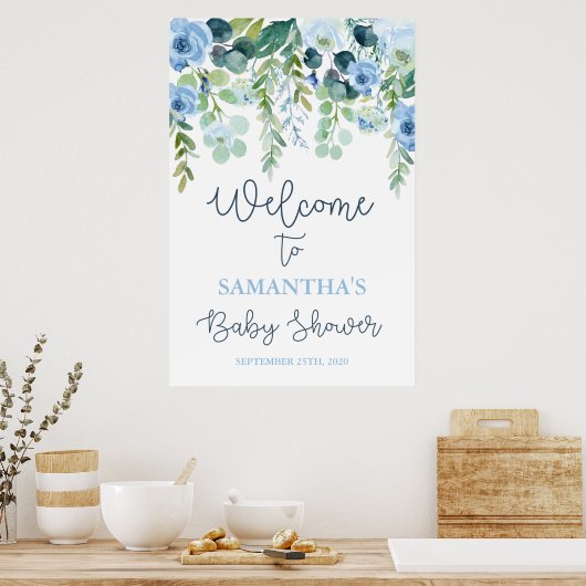 Blue floral Baby shower Boy Welkomstbord Poster (Keuken)