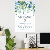 Blue floral Baby shower Boy Welkomstbord Poster (Thuiskantoor)