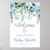 Blue floral Baby shower Boy Welkomstbord Poster (Voorkant)
