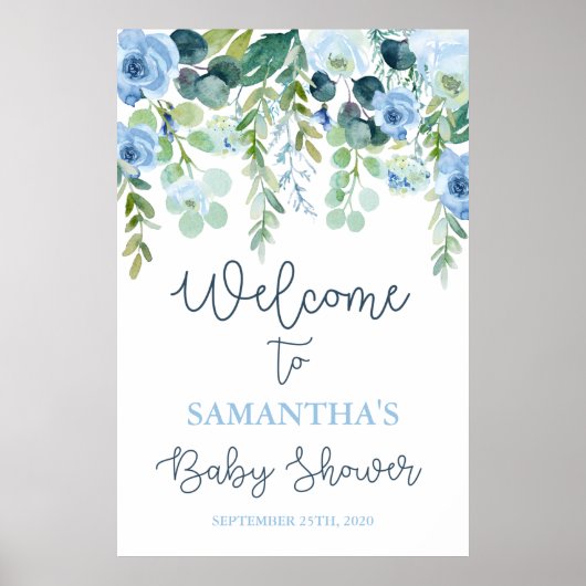Blue floral Baby shower Boy Welkomstbord Poster (Voorkant)