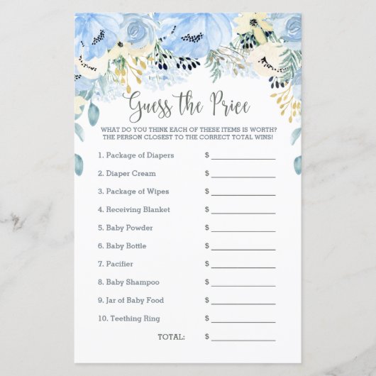 Blue Floral Baby shower Game raadt de prijs (Voorkant)