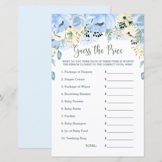 Blue Floral Baby shower Game raadt de prijs (Voorkant / Achterkant)