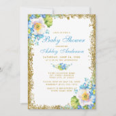 Blue Floral Baby shower Gold Glitter Invitation B Kaart (Voorkant)