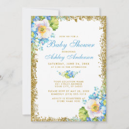 Blue Floral Baby shower Gold Glitter Invitation B Kaart