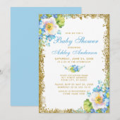 Blue Floral Baby shower Gold Glitter Invitation B Kaart (Voorkant / Achterkant)