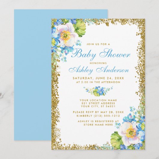 Blue Floral Baby shower Gold Glitter Invitation B Kaart (Voorkant / Achterkant)
