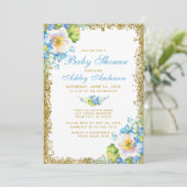 Blue Floral Baby shower Gold Glitter Invitation Kaart (Staand voorkant)