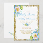 Blue Floral Baby shower Gold Glitter Invitation Kaart (Voorkant / Achterkant)
