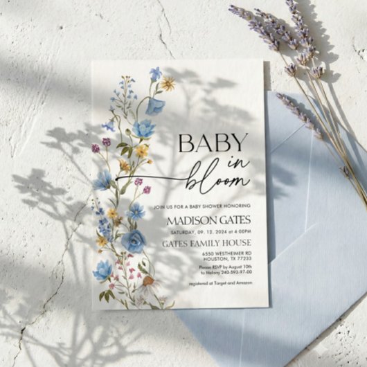 Blue Floral Baby Shower Invitation, Baby in Bloom  Kaart