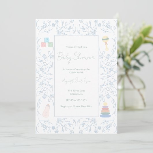 Blue Floral Baby shower Invitation Kaart (Staand voorkant)