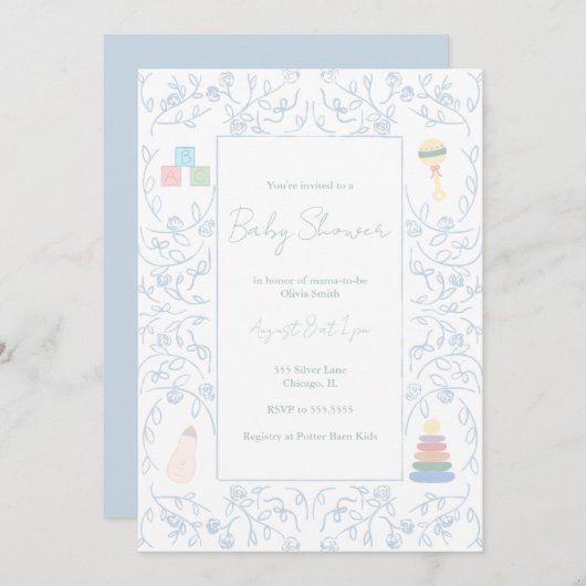 Blue Floral Baby shower Invitation Kaart (Voorkant / Achterkant)