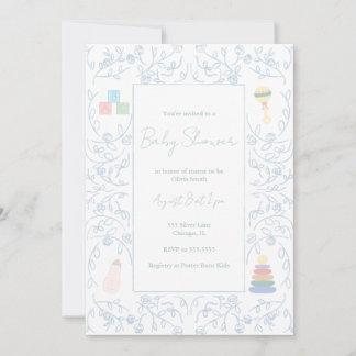 Blue Floral Baby shower Invitation Kaart