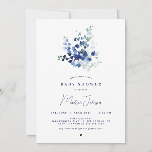 Blue Floral Baby shower Invitation Kaart (Voorkant)