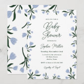 Blue Floral Baby Shower Invitation Kaart (Voorkant / Achterkant)