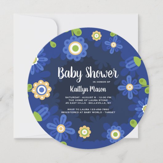 Blue Floral Baby shower Invitation Kaart (Voorkant)