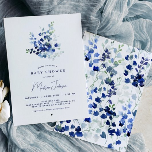 Blue Floral Baby shower Invitation Kaart