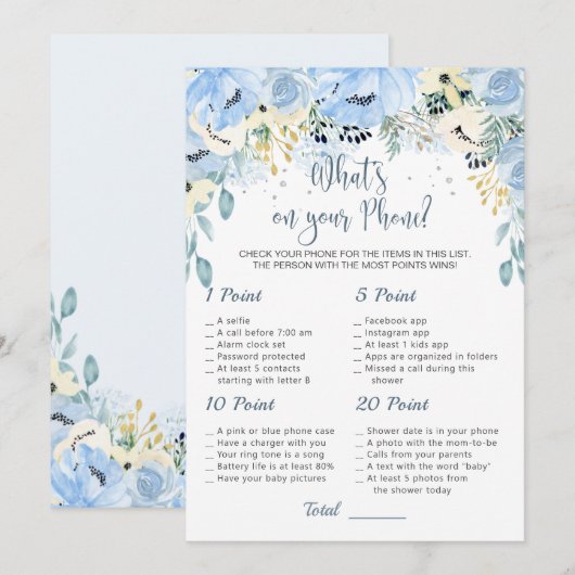 Blue Floral Baby shower Wat is er op je telefoonsp Kaart (Voorkant / Achterkant)