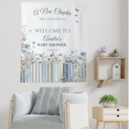 Blue Floral Baby shower Welkomstbord met boeken Wandkleed