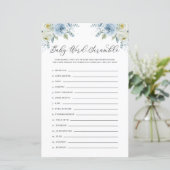 Blue Floral Baby Word Scramble Baby shower Game (Staand voorkant)