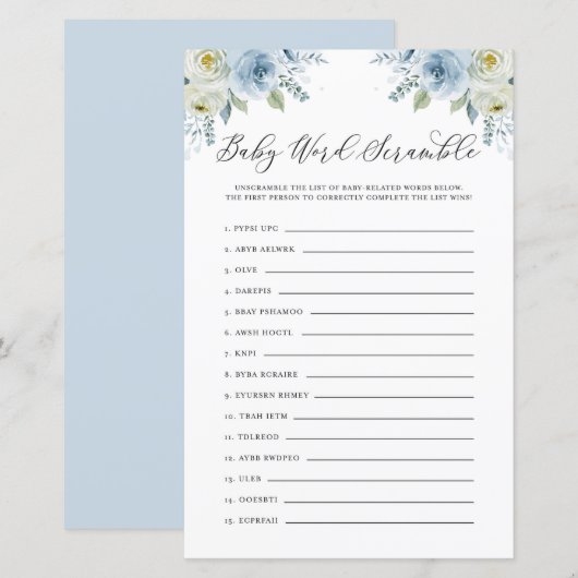 Blue Floral Baby Word Scramble Baby shower Game (Voorkant / Achterkant)