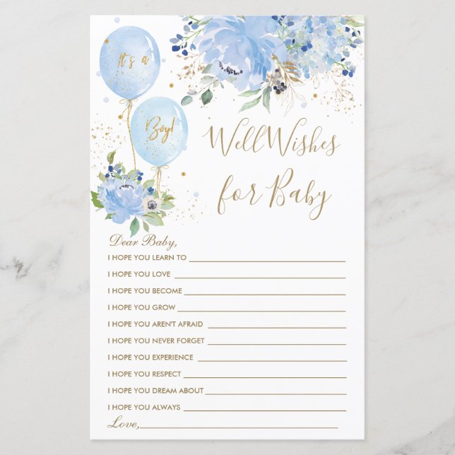 Blue Floral Balloon Boy Guess Well Wensen voor Bab (Voorkant)