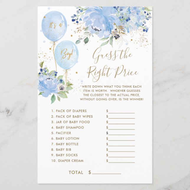 Blue Floral Balloon Boy Raad de juiste prijs spel (Voorkant)