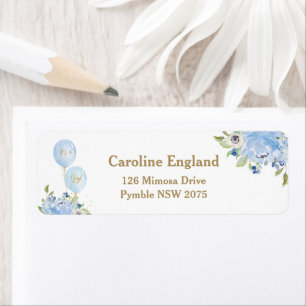 Blue Floral Balloons Baby shower Return Address Etiket