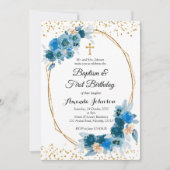 Blue Floral Baptism en First Birthday Invitation Kaart (Voorkant)