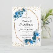 Blue Floral Baptism en First Birthday Invitation Kaart (Staand voorkant)