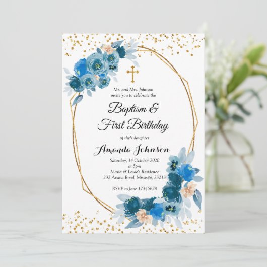 Blue Floral Baptism en First Birthday Invitation Kaart (Staand voorkant)