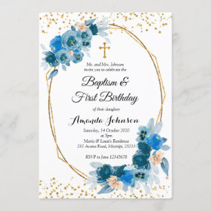 Blue Floral Baptism en First Birthday Invitation Kaart