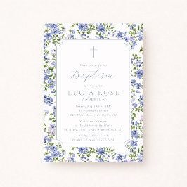 Blue Floral Baptism Invitation for Girl Kaart