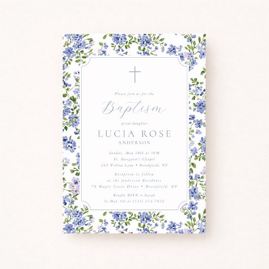 Blue Floral Baptism Invitation for Girl Kaart