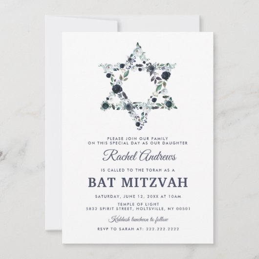 Blue Floral Bat Mitzvah Kaart (Voorkant)