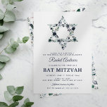 Blue Floral Bat Mitzvah Kaart<br><div class="desc">Elegante mitswa-viering met een eenvoudige witte achtergrond die in elke kleur kan worden veranderd,  een blauwe waterverf bloemster van David en een moderne sjabloon van vleermuis mitswa die gemakkelijk te personaliseren is.</div>