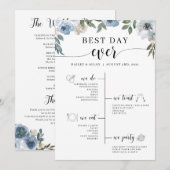 Blue Floral Best Day Ever Wedding Tijdschema Programmakaart (Voorkant / Achterkant)
