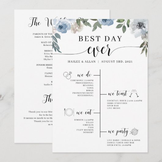 Blue Floral Best Day Ever Wedding Tijdschema Programmakaart (Voorkant / Achterkant)