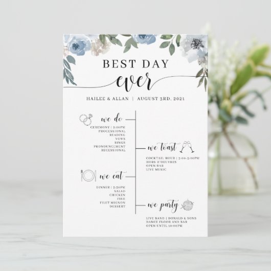 Blue Floral Best Day Ever Wedding Tijdschema Programmakaart (Staand voorkant)